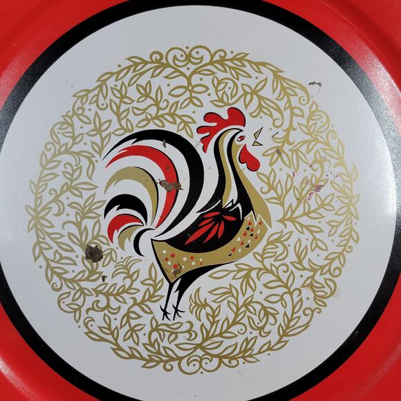 VINTAGE Stoyke Tray Platter 19" Round Red White Chicken Metal Mid Century 60s - Picture 11 of 16